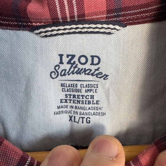 IZOD Saltwater Men's Long Sleeve Plaid Casual Button Up Shirt Red/Wine X-Large - Picture 4 of 14